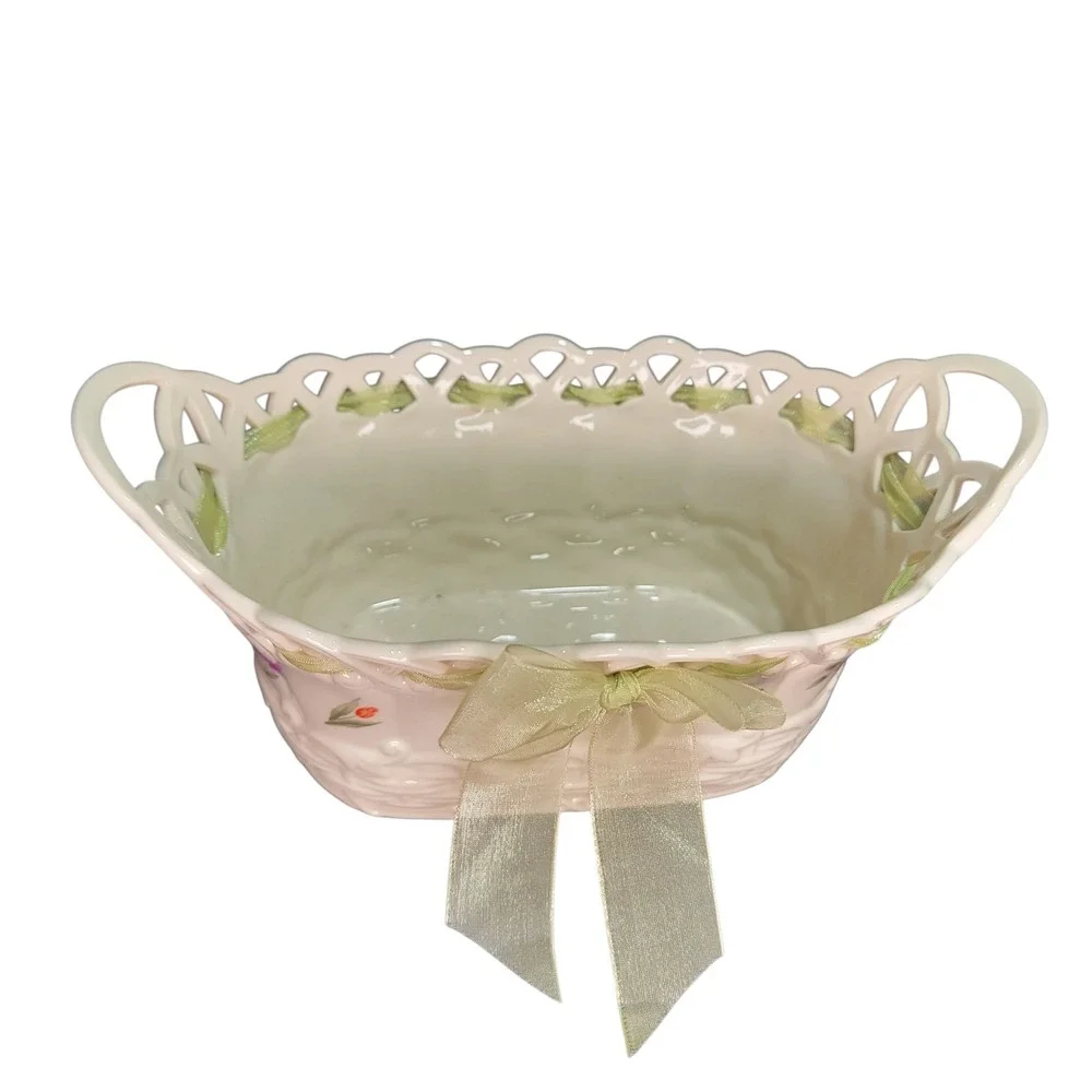 Lenox Posy Baskets‎ Cream Floral Design Green Ribbon 9.5